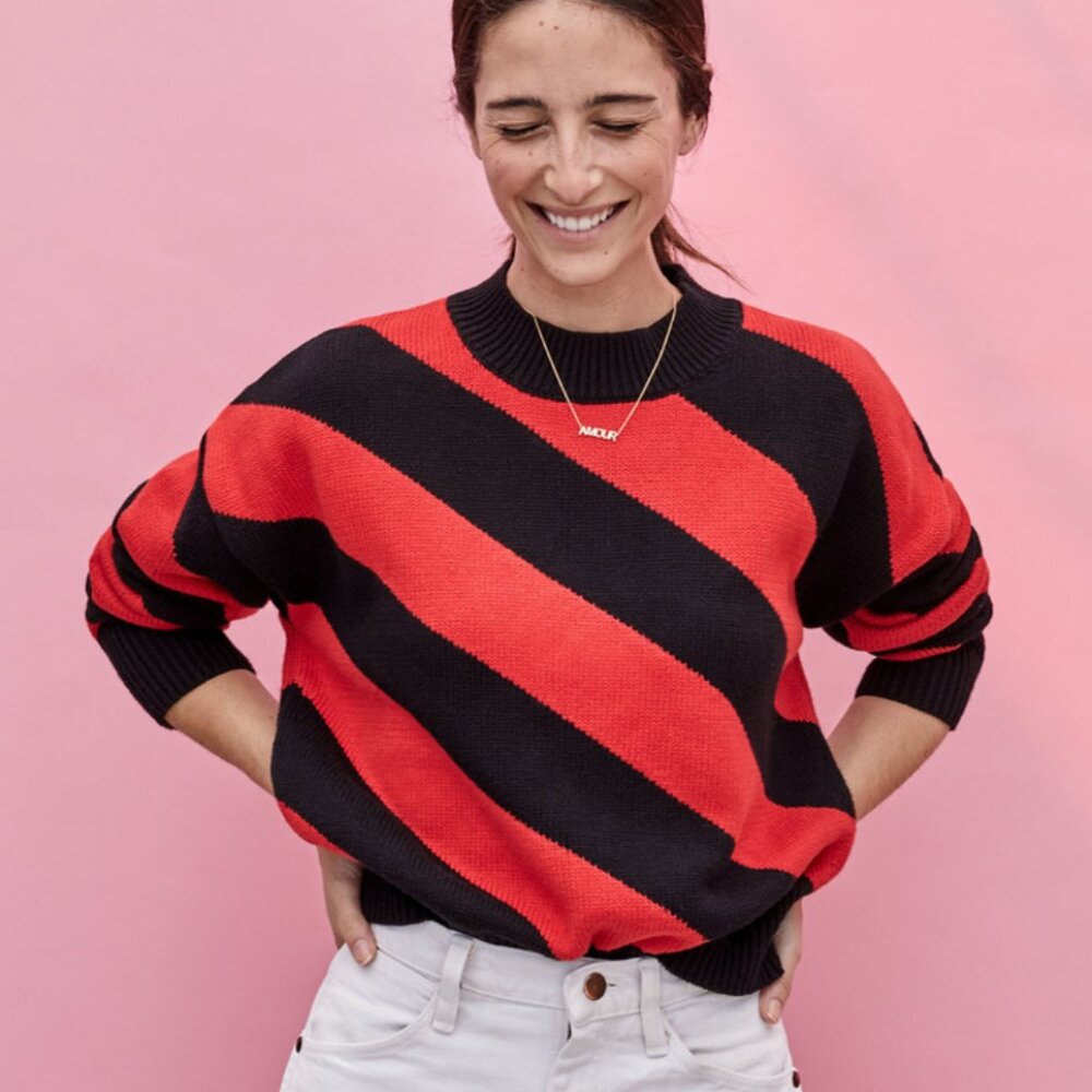 Clare V. Drop Shoulder Sweater, Black Poppy Stripe